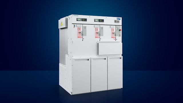 A Siemens 8DJH 24 blue GIS Gas-insulated medium-voltage switchgear unit. A white metal structure with three control panels. 