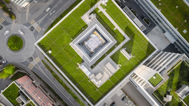 Aerial view of building utilizing building automation and control systems 