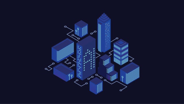 Futuristic cityscape with tall skyscrapers and glowing blue lines representing AI or data connections