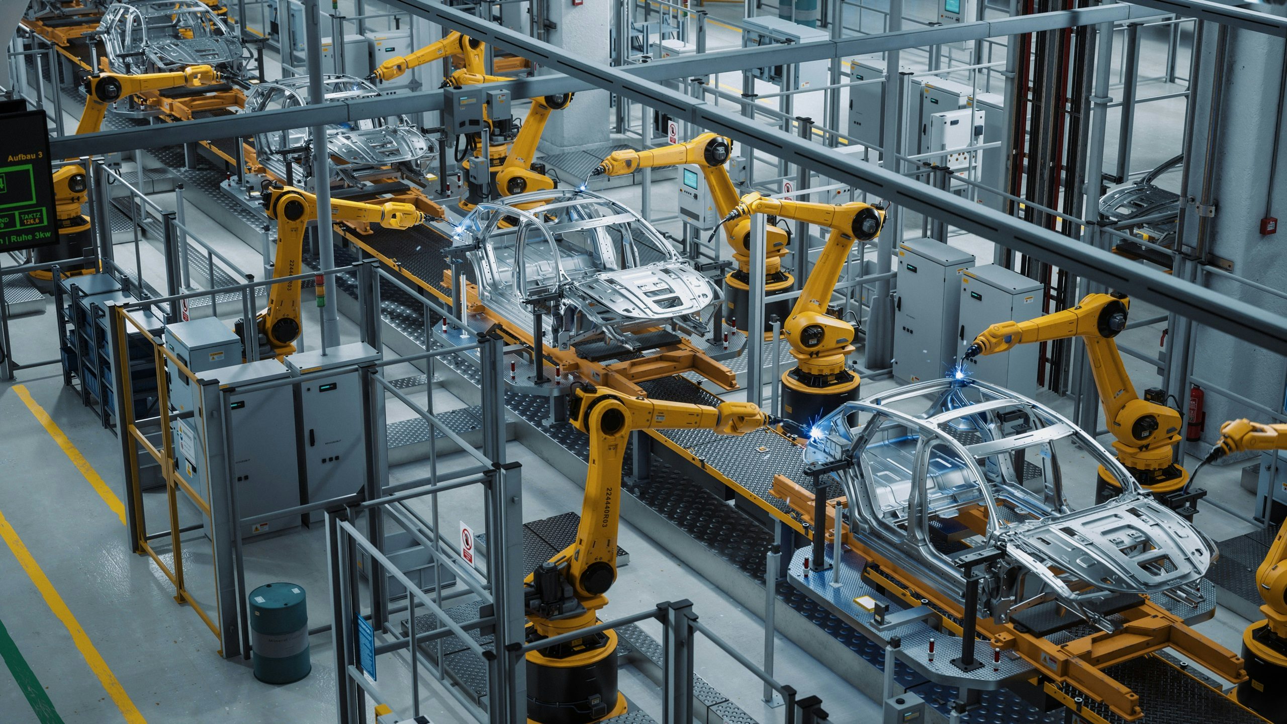 Automotive assembly line automation using robotic arms to weld chassis
