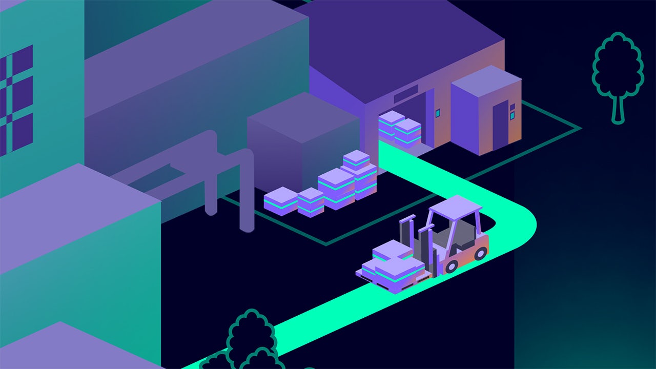 An illustration of a factory with a forklift carrying a container of chemicals.