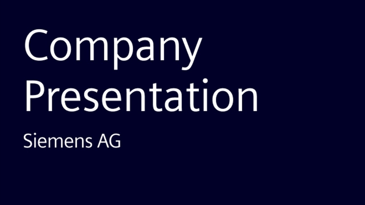 A company presentation slide with a blue background and a logo in the centre.