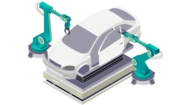 graphic representation of two robot arms building a vehicle.