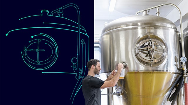 Man pouring beer from brewery machinery along with illustrated visualisation.