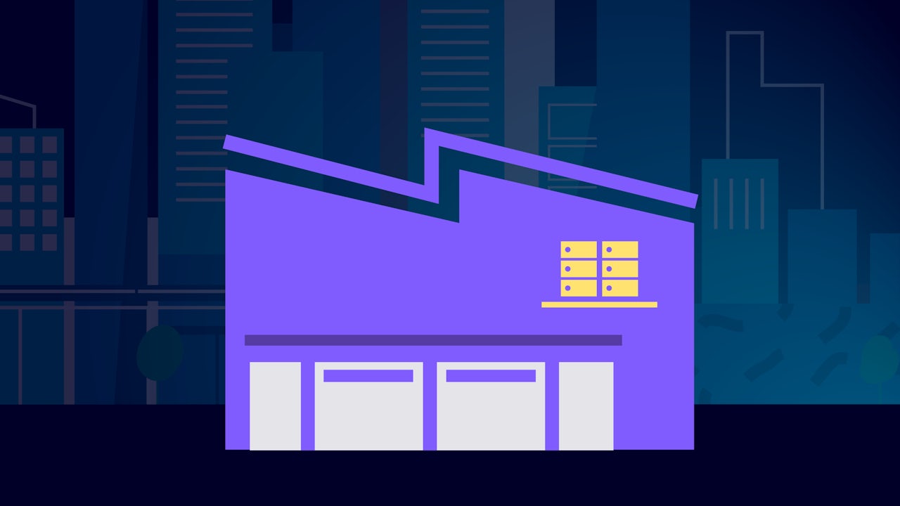 An illustration of a purple data center facility with a jagged roofline.