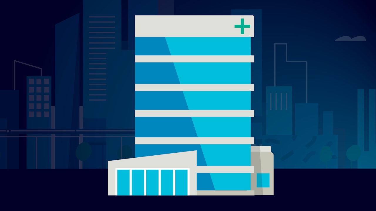 An illustration of a multiple-story hospital building.