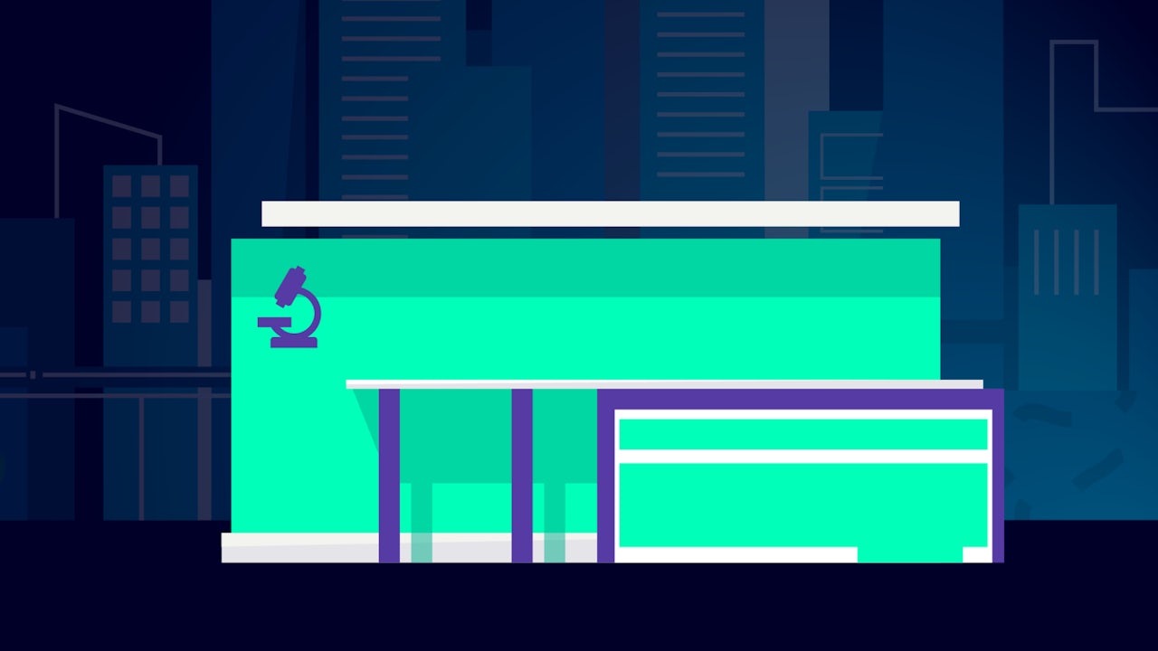 An illustration of a table and bench in a lab with a microscope on the left side of the table.