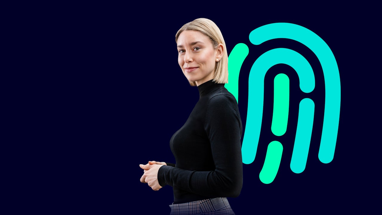 Person standing in front of a large fingerprint icon.