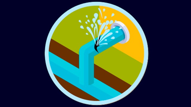 Illustration of a broken water pipe spraying water, representing a pipe burst or water leak.