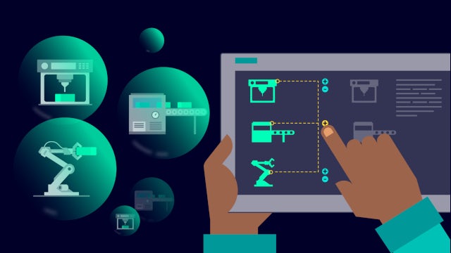 Tablet interface controlling interconnected smart factory machines and industrial robots.