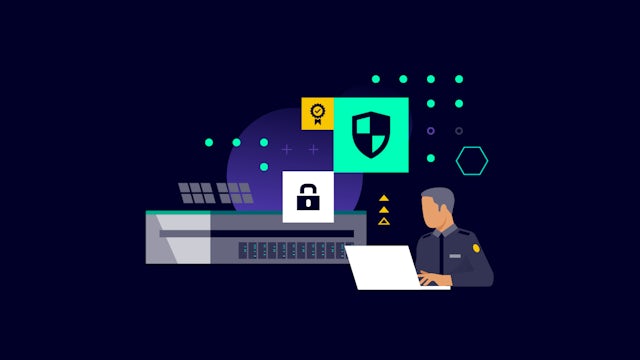 Illustration of a person using a laptop with security and lock icons on a dark background.