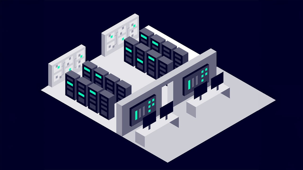 A data center with redundant automation systems and servers in a room with a red light.