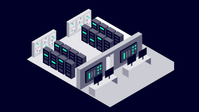 Illustration of a data center with redundant automation systems and servers in a room with a red light.
