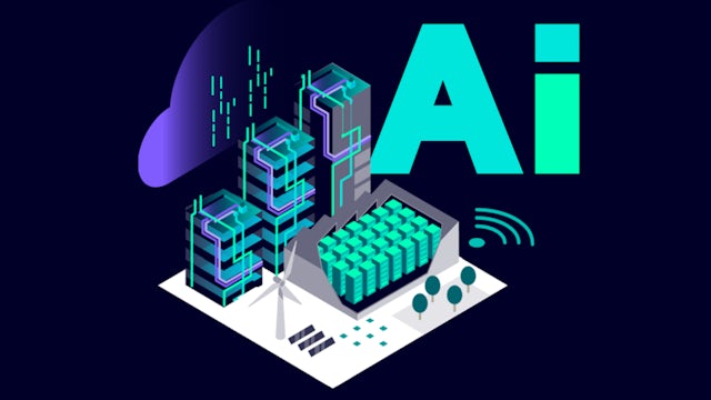 AI factories illustration with buidlings, data center racks, cloud-based data transfer lines, keyvisual used for data center use case in mobile resolution