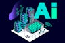 AI factories illustration with buidlings, data center racks, cloud-based data transfer lines, keyvisual used for data center use case in mobile resolution