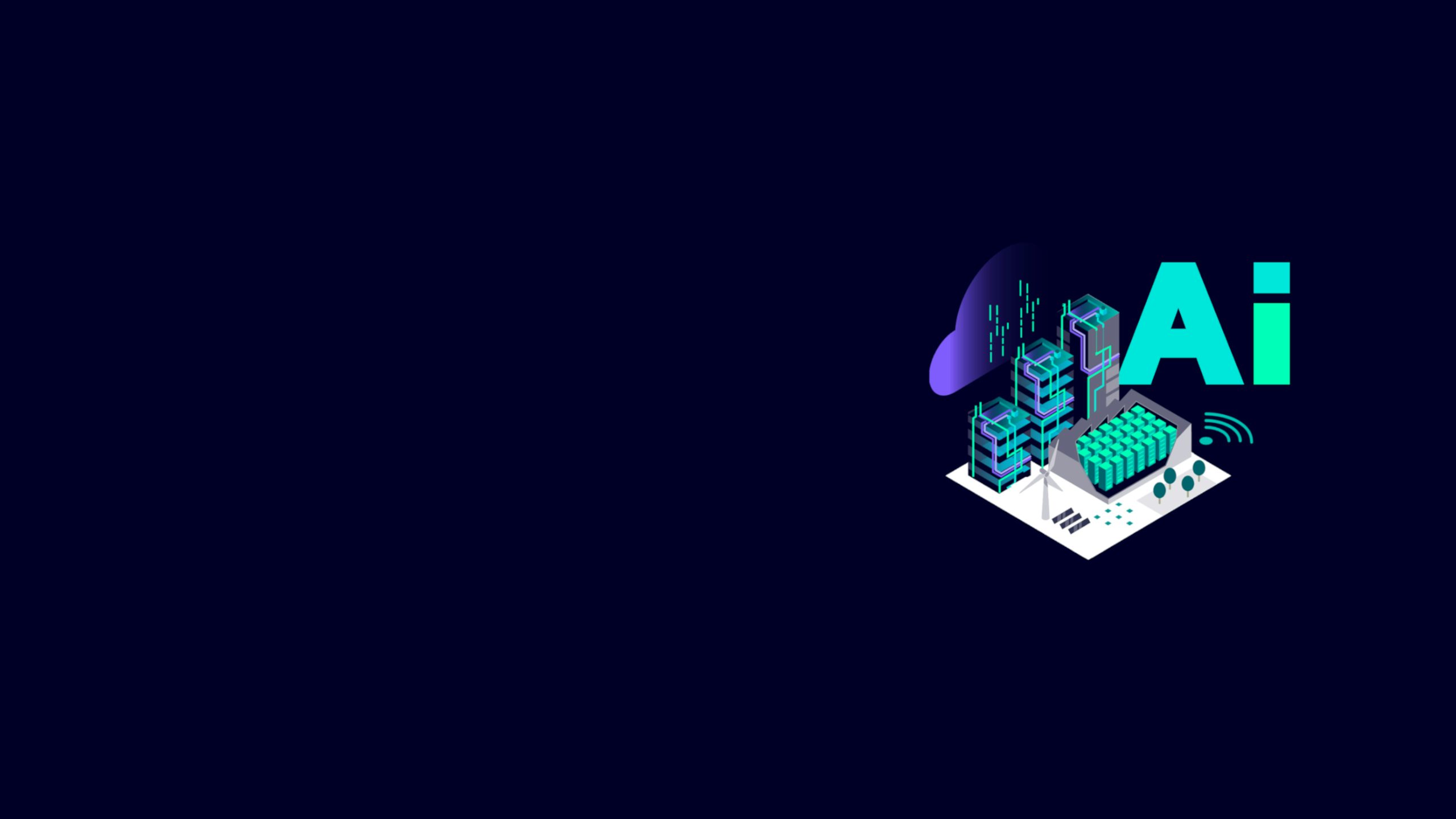 AI factories illustration with buidlings, data center racks, cloud-based data transfer lines, keyvisual used for data center use case