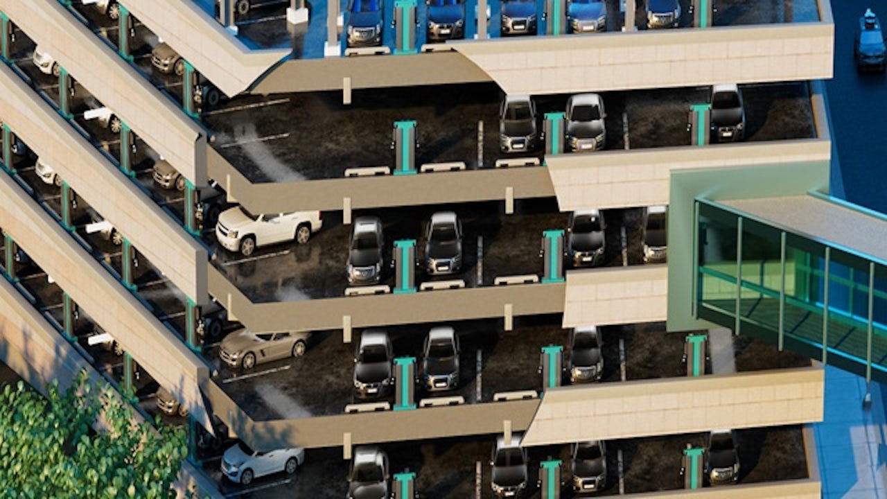Electric vehicle charging station with multiple charging ports in a parking lot.