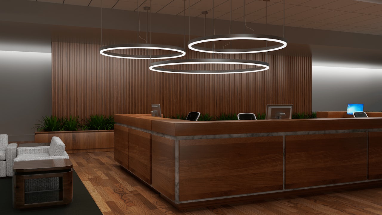 Modern reception area with a wooden desk, circular pendant lights, wood-paneled wall, and green plants.