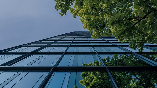 Dark poster with light blue globe outline, tree silhouette, and decarbonization text emphasizing energy efficiency.