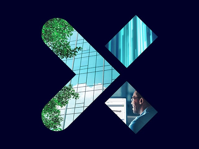 A man and a building behind the Siemens logo. 