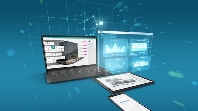 A Siemens product image showcasing a software interface with various icons and a blue background. 