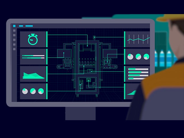 A digital drivetrain simulation engineer is working on a computer with a screen displaying a digital drivetrain model.