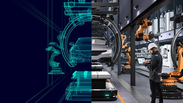 Car assembly line with robotic arms and digital overlay showing data and analytics