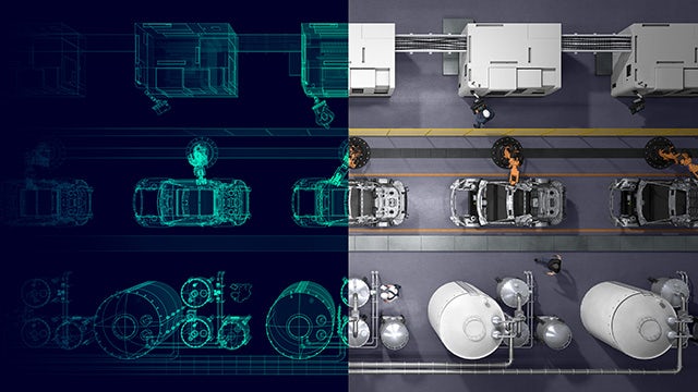 A robotic factory production line with a digital twin representation and the real-world floor.