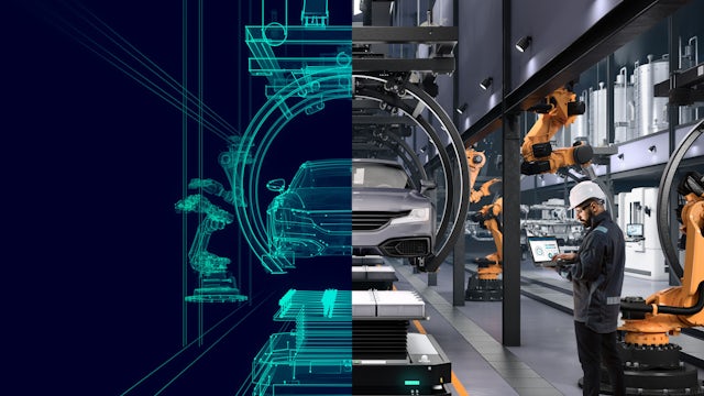A digital twin visualisation showing interconnected systems and data flow in a technological environment. 