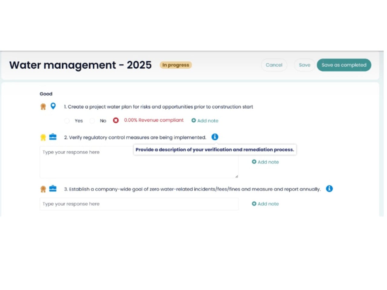 Water management checklist interface