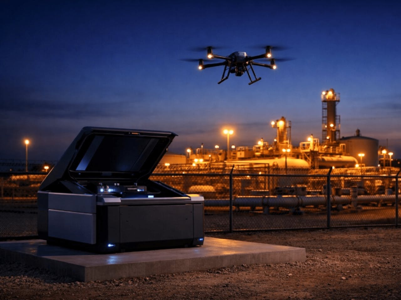 Drone flying over industrial site at night