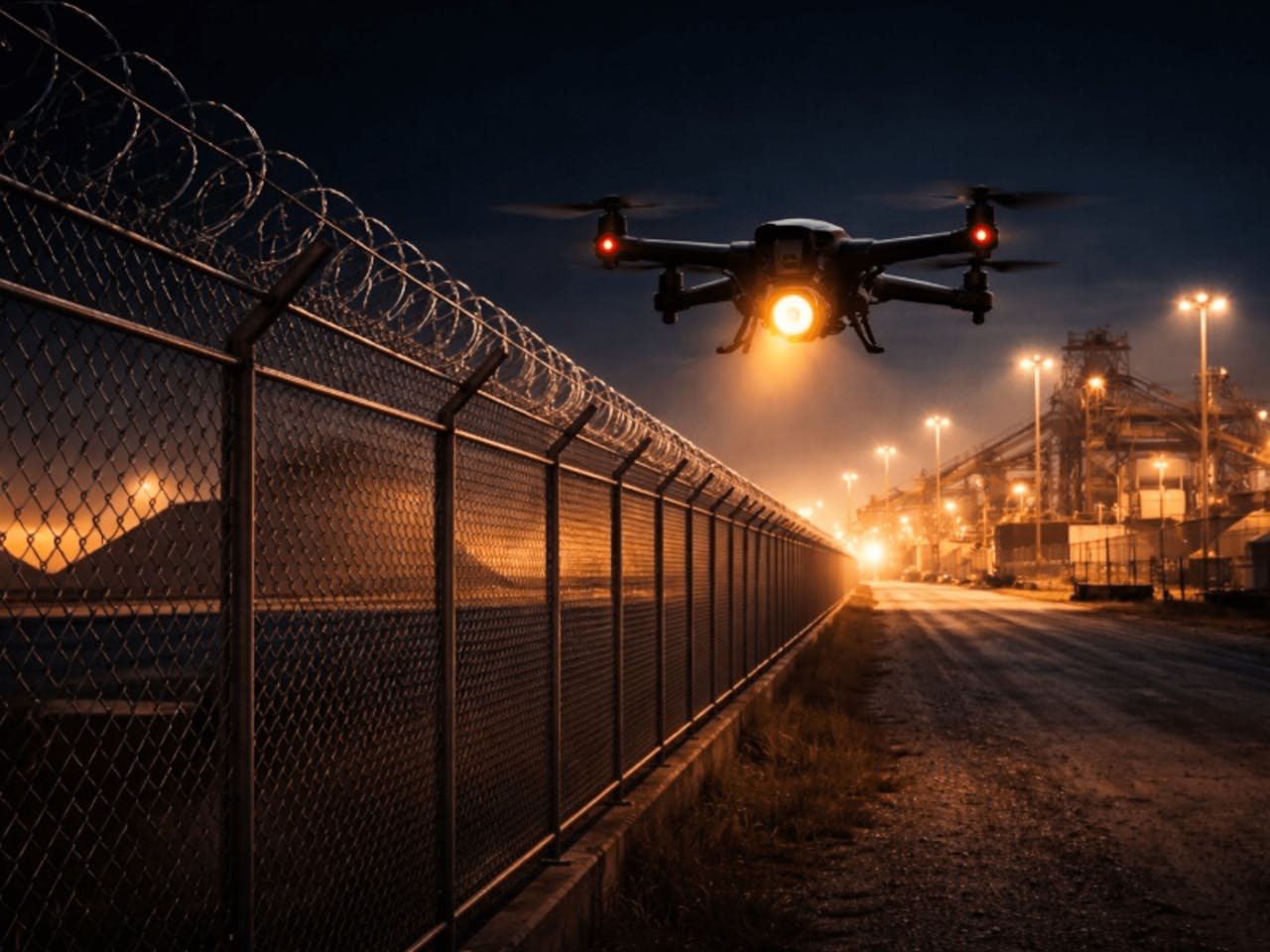 Drone flying over fenced industrial area at night