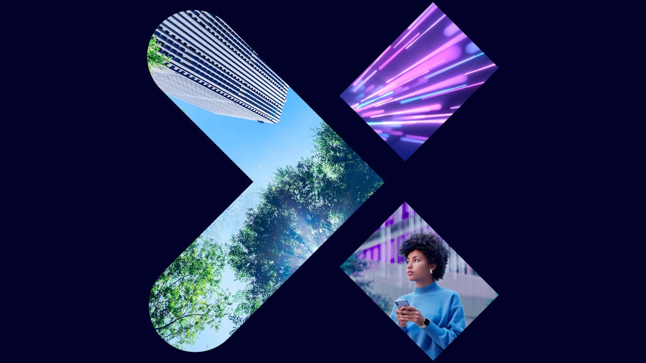 Icon of an X with an image of a girl holding a phone inside of the x.