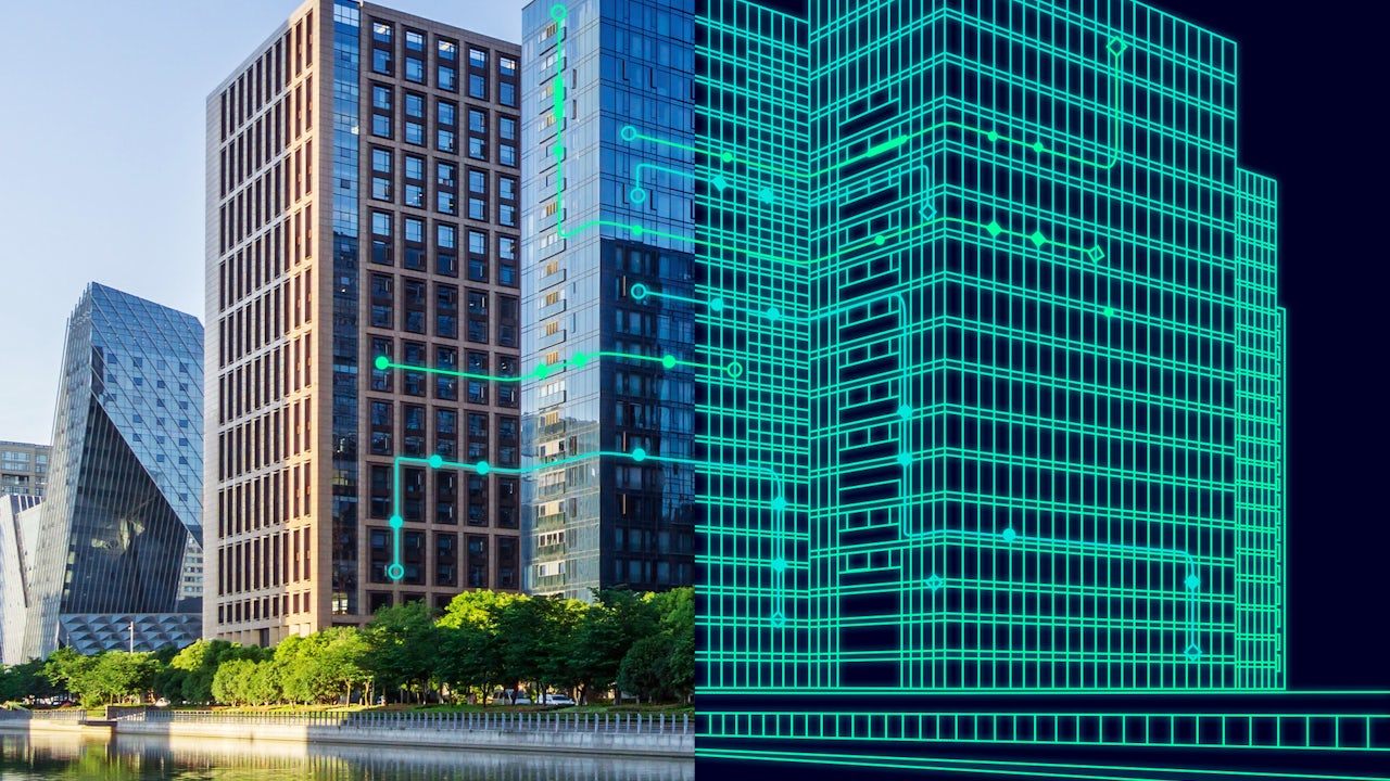 image of a building—half real, half virtual
