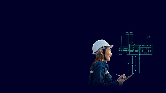 Worker standing and taking notes, digital twin predictive maintenance.