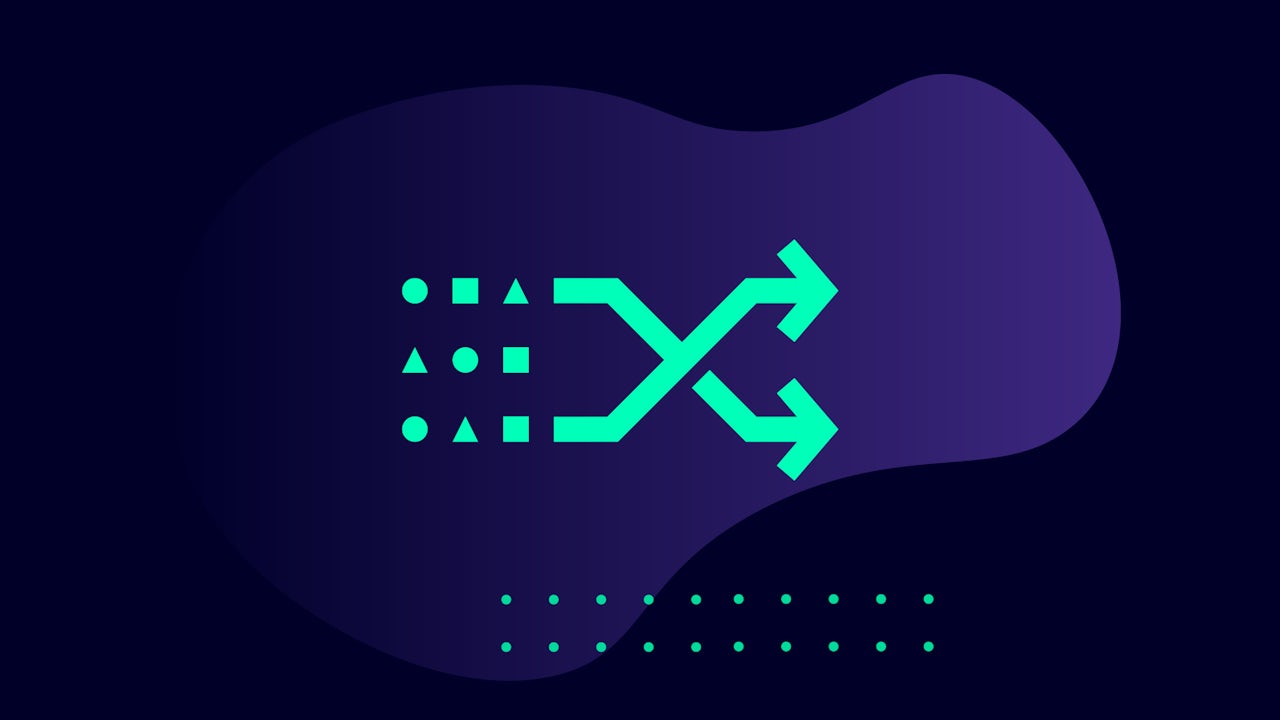 An abstract image featuring a vibrant green symbol resembling a shuffle or interchange icon, with various shapes (circles, squares, triangles) on the left, all set against a dark purple background with organic, flowing shapes.