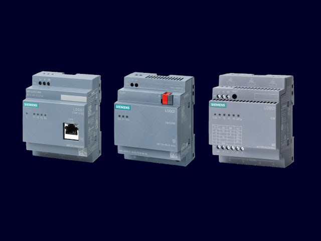 Three grey Siemens LOGO! industrial communication modules are arranged diagonally against a dark blue background. From left to right, they appear to be: a LOGO! CSM 12/24 with an Ethernet port, a LOGO! CMK 2000 with a red switch, and a LOGO! CIM module with multiple terminal connections and a data table printed on its front. Each module features the Siemens logo and "LOGO!" branding.