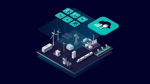 A graphic illustration of a key visual for electrification with a car and a charging station.