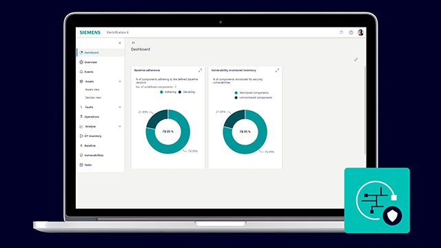 A laptop shows a Siemens dashboard with two pie charts on baseline adherence and vulnerability monitoring, alongside a security-themed icon.