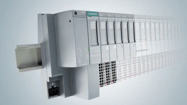 A Siemens ET200SP device with a simple design and a black and white color scheme. 
