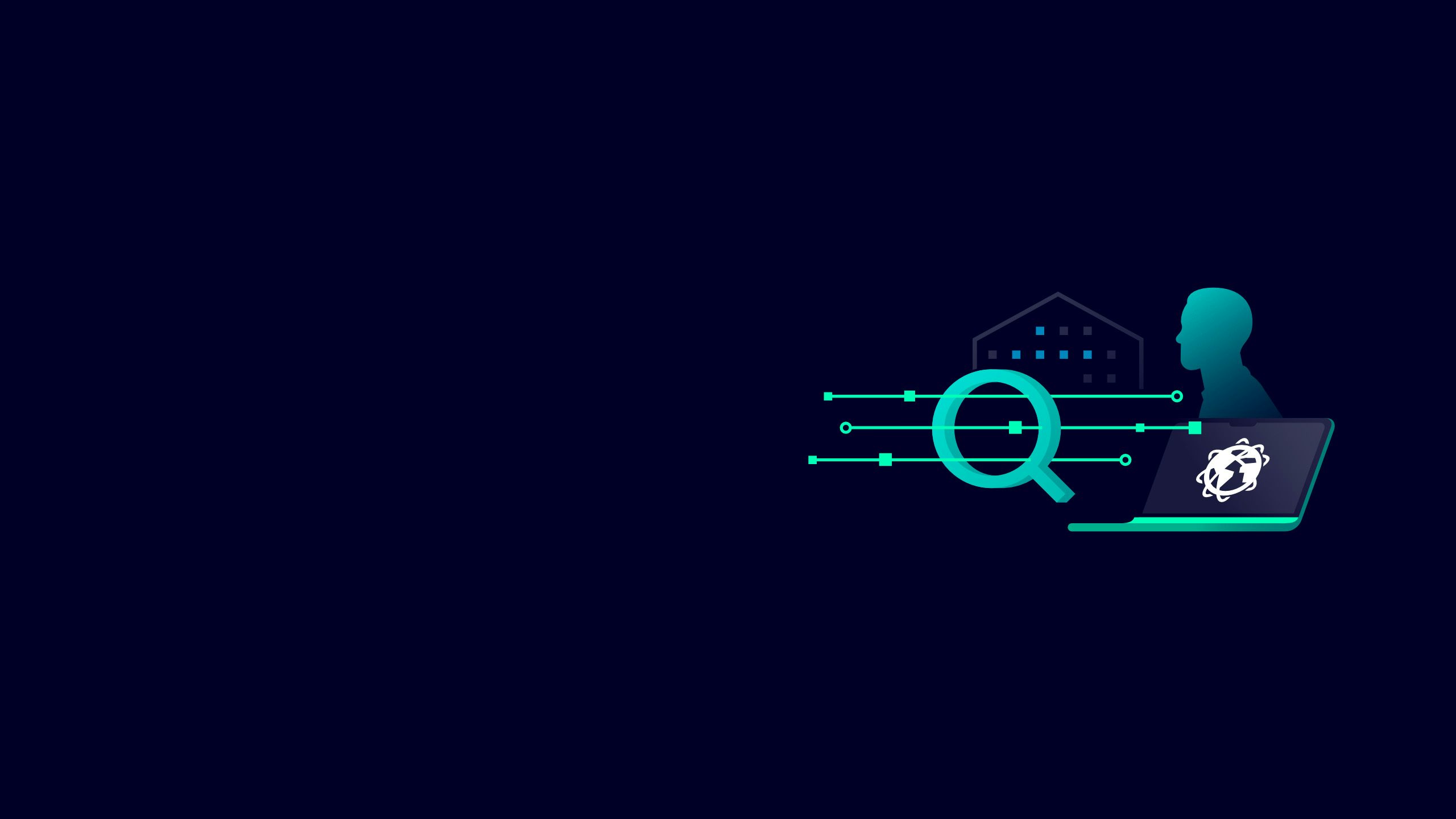 An illustration depicts a teal magnifying glass with three horizontal lines extending from its left, each ending with a square or circle, pointing towards a laptop on the right. Behind the magnifying glass is a dark silhouette of a building with glowing blue squares, and to the right of the building, a teal silhouette of a person's head and shoulders. The laptop screen displays a white circular logo with a globe and a lightning bolt. The background is dark blue.