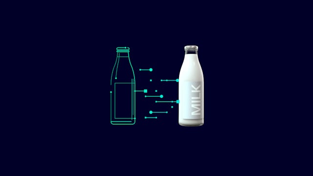 Bottle of milk next to a blueprint representing digitalisation.