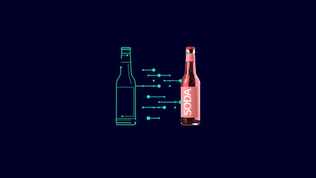 Bottle of fizzy drink next to a blueprint representing digitalisation.