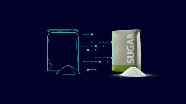 Package of sugar next to a blueprint representing digitalisation.