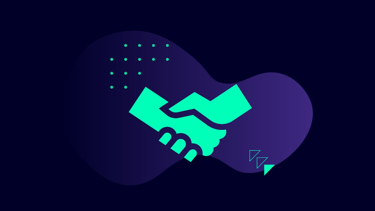 An abstract image featuring a vibrant green handshake icon, with scattered green dots and outline triangles, all set against a dark purple background with organic, flowing shapes.