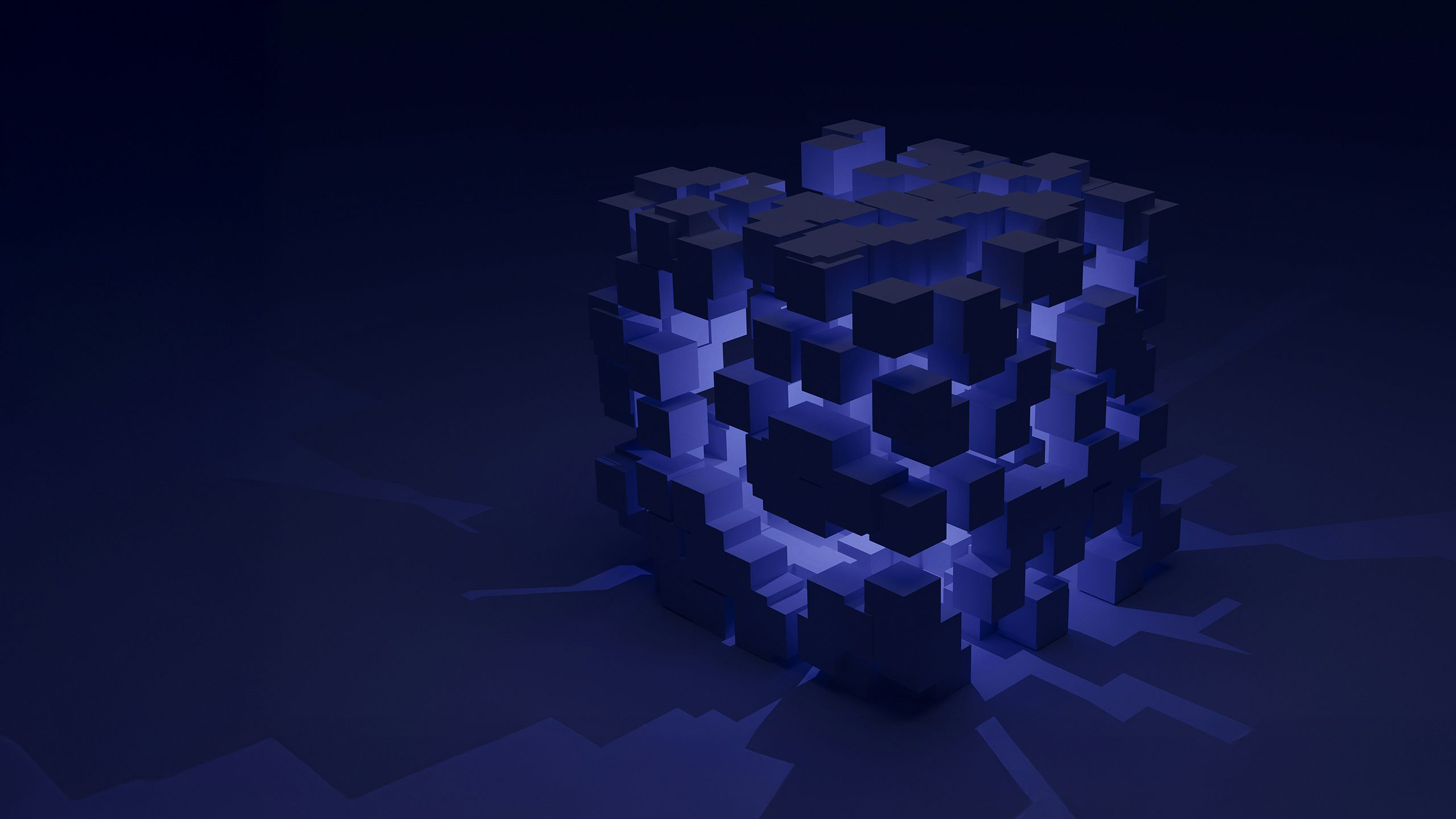 Abstract geometric cube structure with interconnected grid of smaller cubes in architectural composition