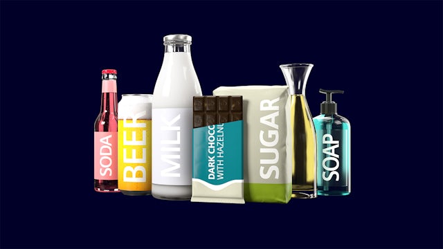 Packaged products: fizzy drinks, beer, milk, chocolate, sugar, oil and soap with minimalist labels on a dark blue background.