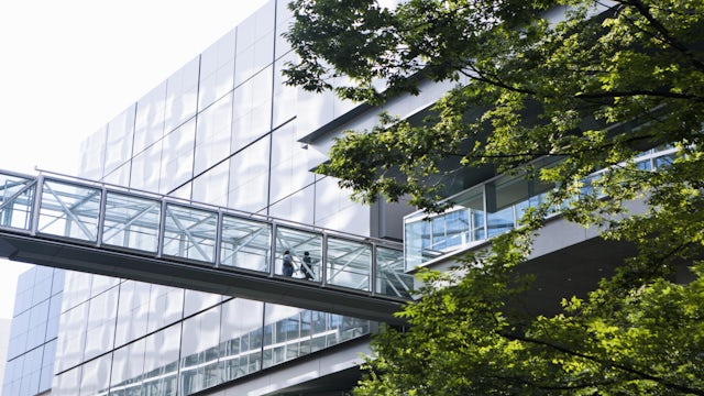 A green office building with a modern architectural design, emphasizing sustainability and eco-friendly practices.