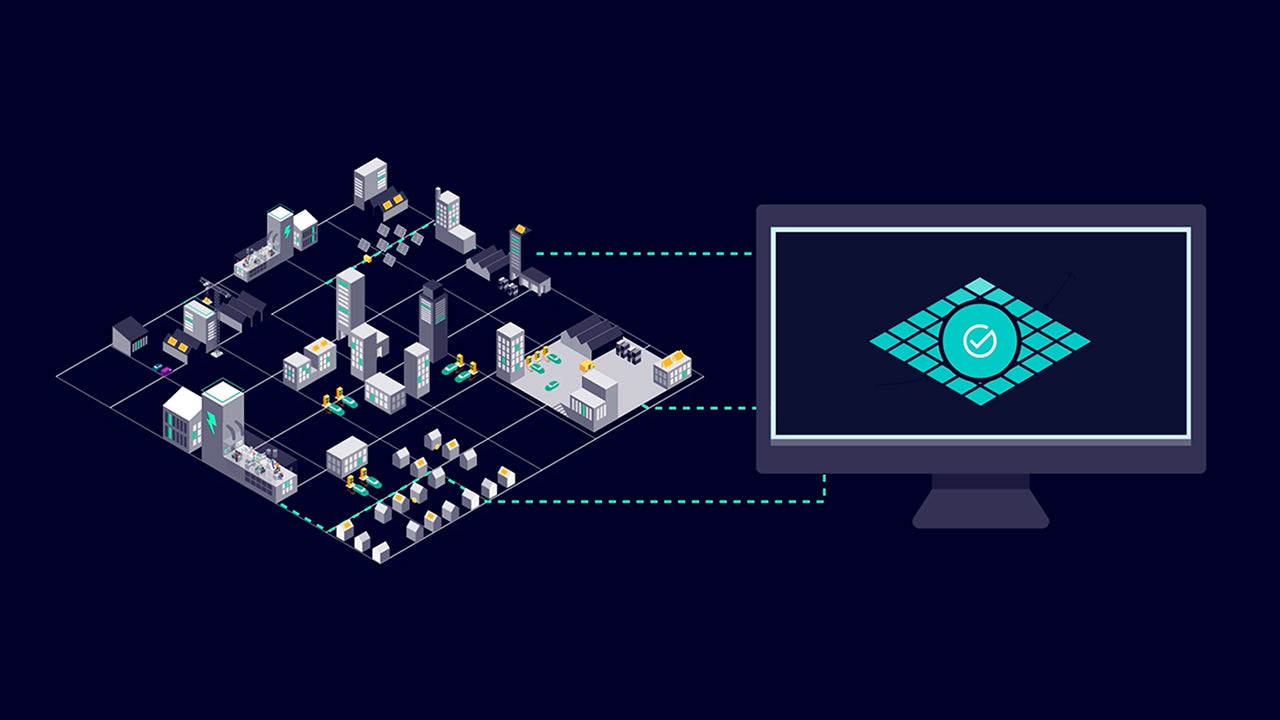 An illustration of a city grid software interface with various icons and a grid layout.