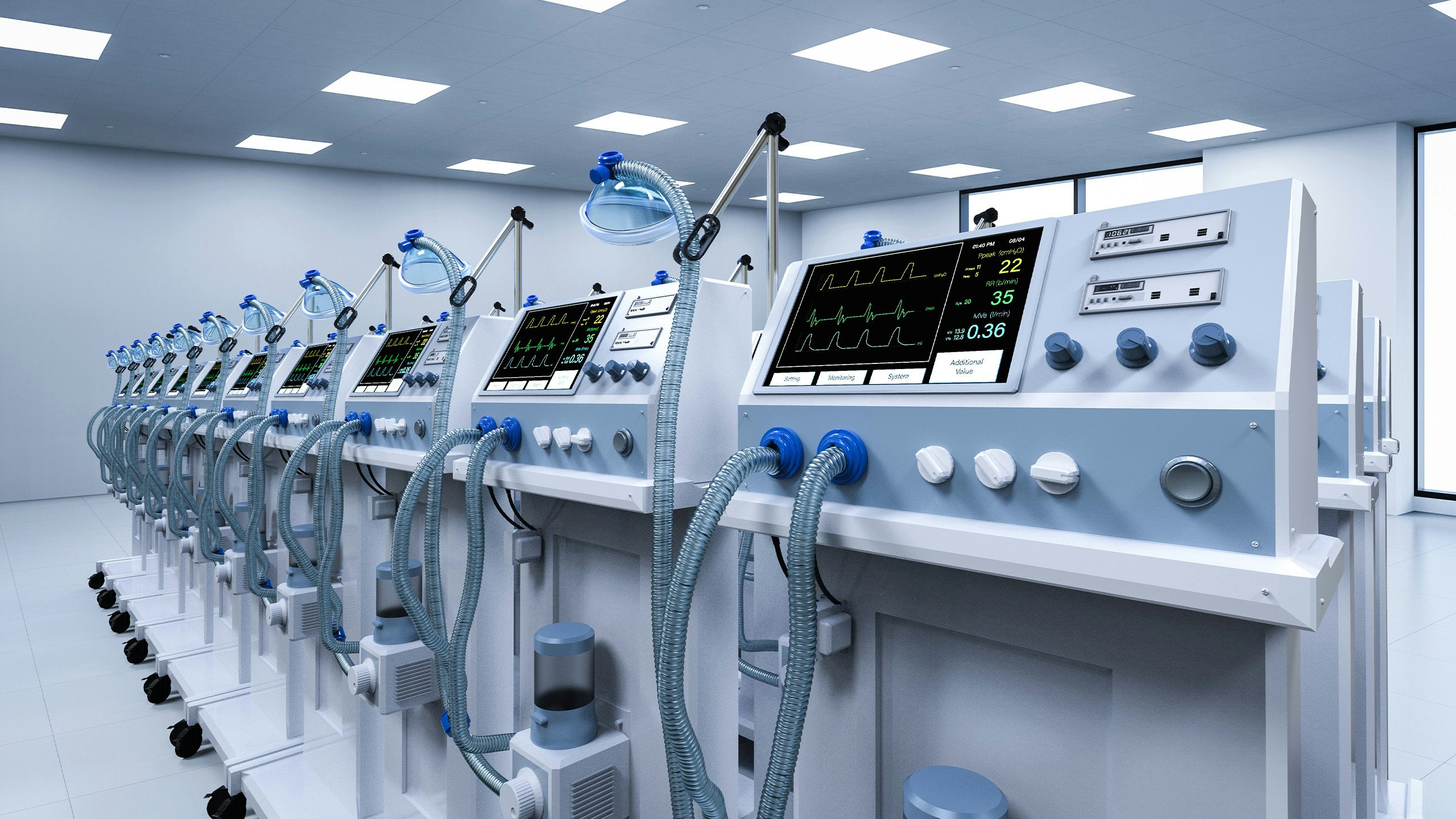 Group of ventilator machines in a medical device manufacturing facility.
